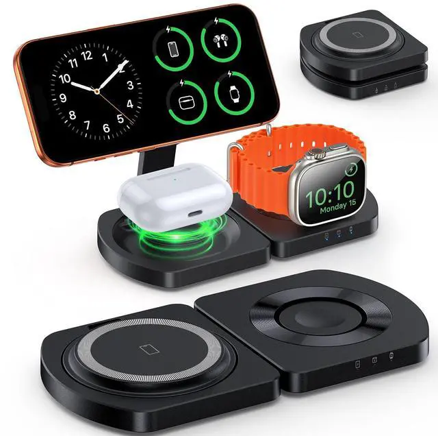 Main image of EGV Wireless Charger for iPhone, 3-in-1 Magnetic Charging Station for Apple, MagSafe Charger Stand for iPhone 17 Air 16 15 14 13 12 Series, Airpods Pro, Apple Watch Ultra, Foldable, No Adapter, Black