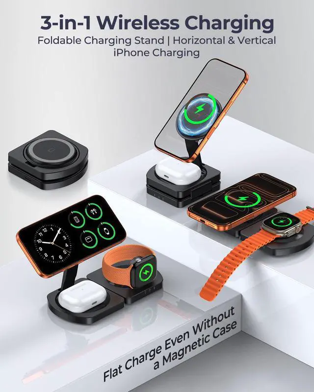 Alt view image 2 of 7 - EGV Wireless Charger for iPhone, 3-in-1 Magnetic Charging Station for Apple, MagSafe Charger Stand for iPhone 17 Air 16 15 14 13 12 Series, Airpods Pro, Apple Watch Ultra, Foldable, No Adapter, Black
