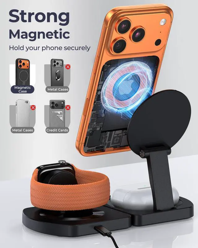 Alt view image 4 of 7 - EGV Wireless Charger for iPhone, 3-in-1 Magnetic Charging Station for Apple, MagSafe Charger Stand for iPhone 17 Air 16 15 14 13 12 Series, Airpods Pro, Apple Watch Ultra, Foldable, No Adapter, Black