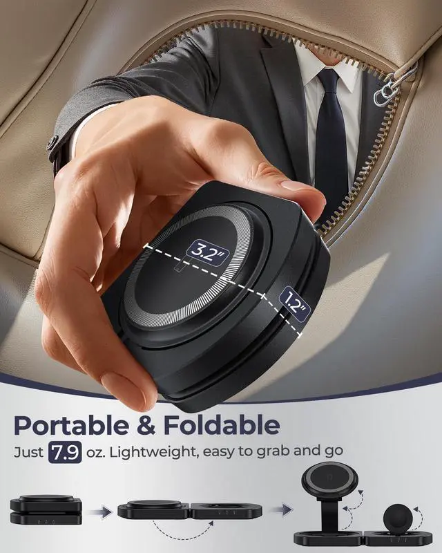 Alt view image 6 of 7 - EGV Wireless Charger for iPhone, 3-in-1 Magnetic Charging Station for Apple, MagSafe Charger Stand for iPhone 17 Air 16 15 14 13 12 Series, Airpods Pro, Apple Watch Ultra, Foldable, No Adapter, Black