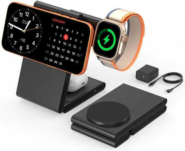 Main image of New Travel Foldable 3 in 1 Wireless Charging Station for Apple Magsafe Charger Stand,Fast Magnetic Wireless Charger Station for iPhone 17 Air 16 15 14 13 12 Series,Airpods Pro,Apple Watch Ultra-Black