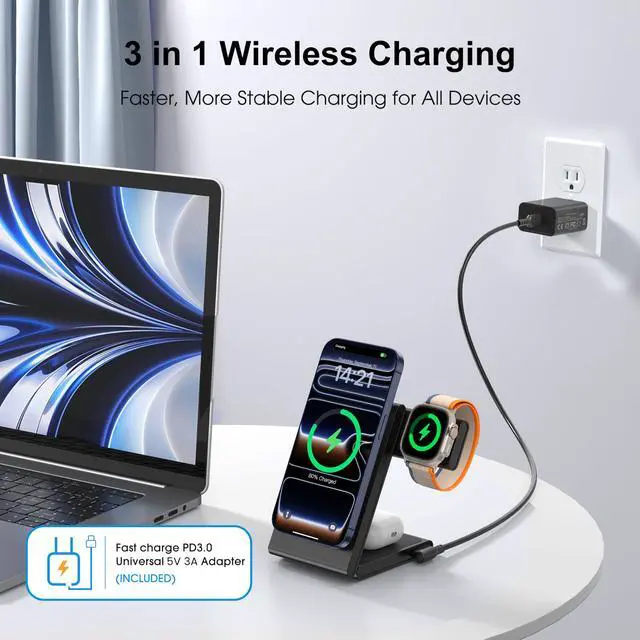 Alt view image 4 of 7 - New Travel Foldable 3 in 1 Wireless Charging Station for Apple Magsafe Charger Stand,Fast Magnetic Wireless Charger Station for iPhone 17 Air 16 15 14 13 12 Series,Airpods Pro,Apple Watch Ultra-Black