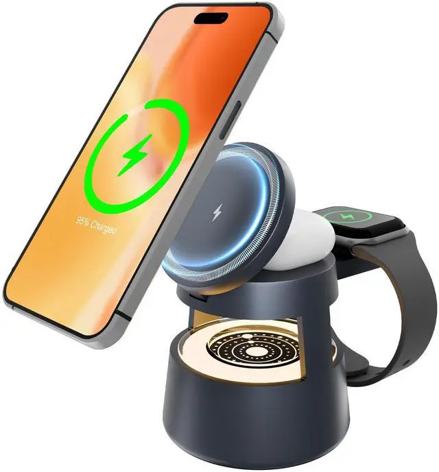 Main image of Wireless Charging Station for Magsafe: 4 in 1 Fast Charger Stand 15W with Mushroom Light for iPhone 17 16 15 14 13 12 Pro Max - for Apple Watch Ultra and AirPods Series - Nightstand Bedside, Black