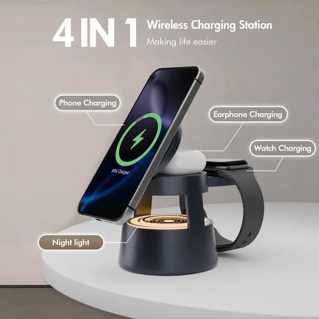 Alt view image 2 of 7 - Wireless Charging Station for Magsafe: 4 in 1 Fast Charger Stand 15W with Mushroom Light for iPhone 17 16 15 14 13 12 Pro Max - for Apple Watch Ultra and AirPods Series - Nightstand Bedside, Black