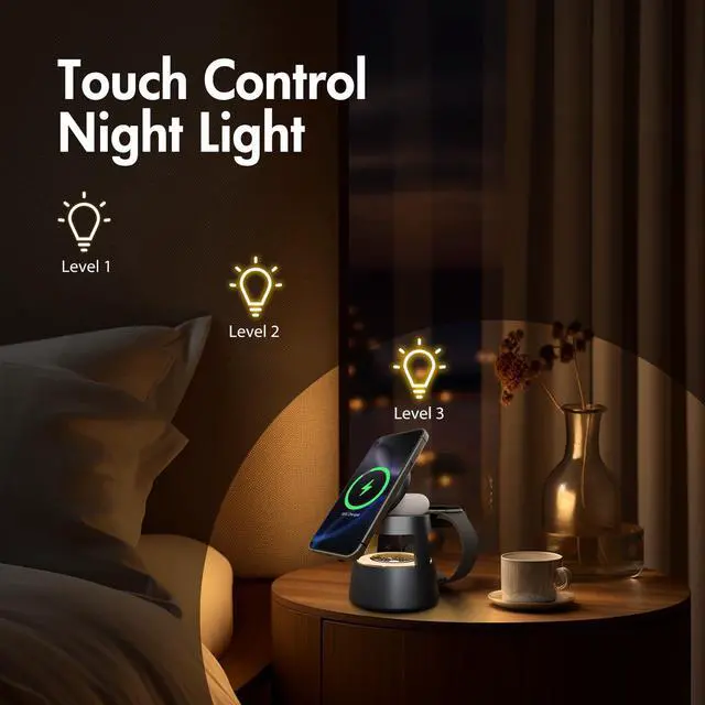 Alt view image 5 of 7 - Wireless Charging Station for Magsafe: 4 in 1 Fast Charger Stand 15W with Mushroom Light for iPhone 17 16 15 14 13 12 Pro Max - for Apple Watch Ultra and AirPods Series - Nightstand Bedside, Black