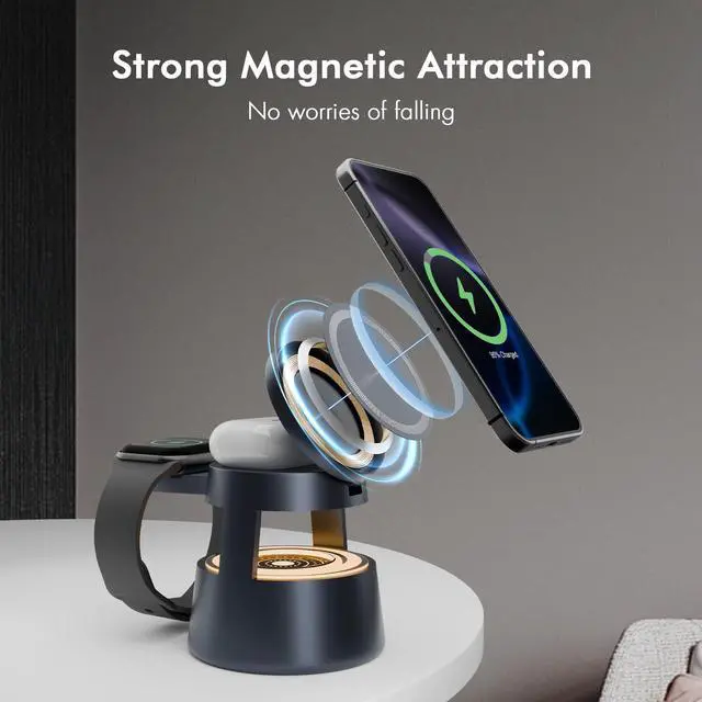 Alt view image 6 of 7 - Wireless Charging Station for Magsafe: 4 in 1 Fast Charger Stand 15W with Mushroom Light for iPhone 17 16 15 14 13 12 Pro Max - for Apple Watch Ultra and AirPods Series - Nightstand Bedside, Black