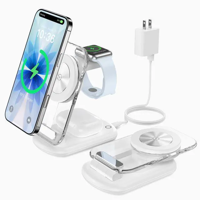 Main image of 3 in 1 Magnetic Wireless Charging Station for Apple Devices, Fast Foldable Travel Mag-Safe Charger Stand with Night Light for iPhone 17 16 15 14 13 12 Series, Apple Watch/AirPods Pro-Gift for Lovers