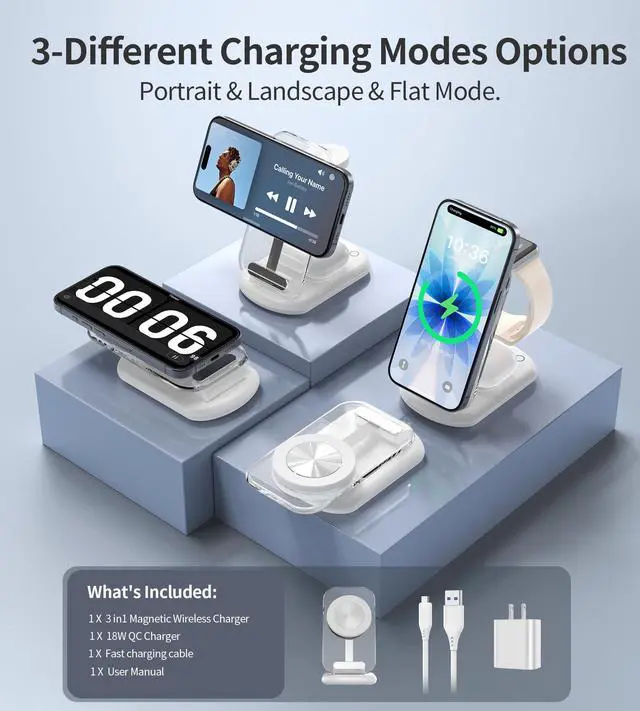Alt view image 4 of 7 - 3 in 1 Magnetic Wireless Charging Station for Apple Devices, Fast Foldable Travel Mag-Safe Charger Stand with Night Light for iPhone 17 16 15 14 13 12 Series, Apple Watch/AirPods Pro-Gift for Lovers