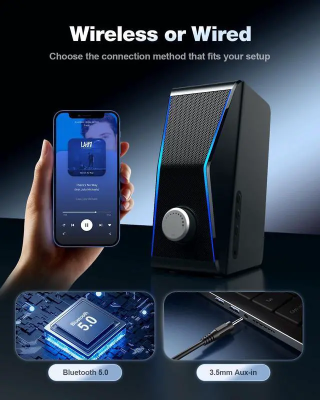 Alt view image 4 of 7 - Nylavee Computer Speakers for Desktop PC, 14W AC Powered PC Speakers with Bluetooth & 3.5mm AUX, Hi-Fi Stereo Speakers for Monitor & Laptop, with EQ Modes and Ambient Lights for Home Office and Gaming