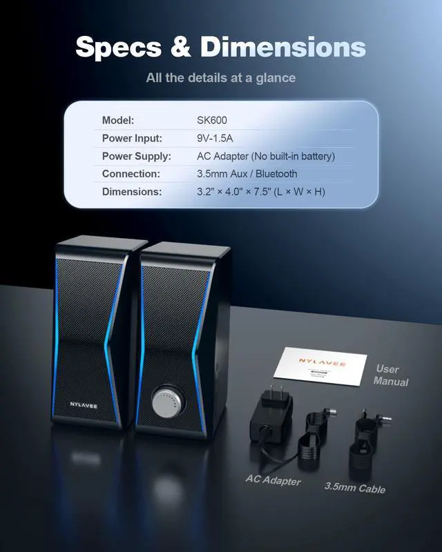 Alt view image 7 of 7 - Nylavee Computer Speakers for Desktop PC, 14W AC Powered PC Speakers with Bluetooth & 3.5mm AUX, Hi-Fi Stereo Speakers for Monitor & Laptop, with EQ Modes and Ambient Lights for Home Office and Gaming