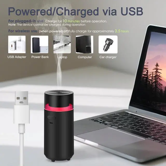 Alt view image 4 of 7 - YIXIUTEN Car Diffusers for Essential Oils,Built-in 3000mAH Rechargeable Battery, Cordless Portable Cool Mist Aromatherapy Diffuser,Auto On/Off with Car,4/8 Timer Modes,for Home,Office,Travel (Black)