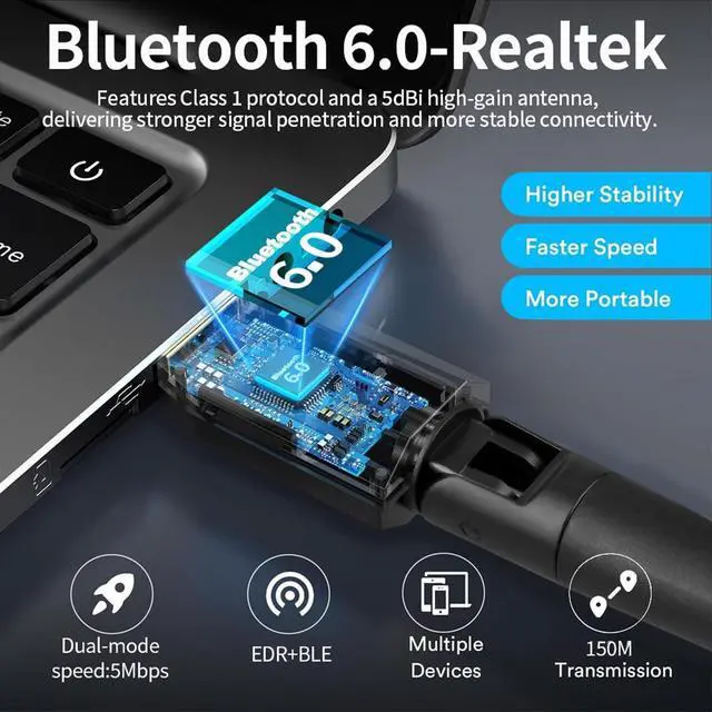 Alt view image 2 of 7 - Gallasys Bluetooth 6.0 Adapter for PC, Long Range 5dBi 150M USB Bluetooth Dongle Receiver, Plug and Play, for Headphones, Keyboard, Mouse, Game Controller, Speaker, Laptop/Desktop Windows 11/10/8.1/7
