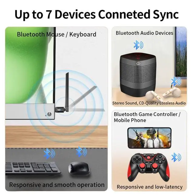 Alt view image 4 of 7 - Gallasys Bluetooth 6.0 Adapter for PC, Long Range 5dBi 150M USB Bluetooth Dongle Receiver, Plug and Play, for Headphones, Keyboard, Mouse, Game Controller, Speaker, Laptop/Desktop Windows 11/10/8.1/7