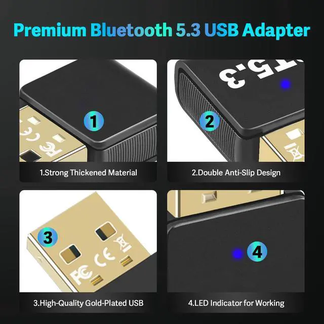 Alt view image 2 of 7 - Latest Bluetooth 5.3 USB Adapter for PC Desktop, Wireless Transmitter Dongle for Windows 11/10/8.1/7 Computer Laptop, Plug & Play, Pair w/Bluetooth Headset Speaker Keyboard Mouse Printers