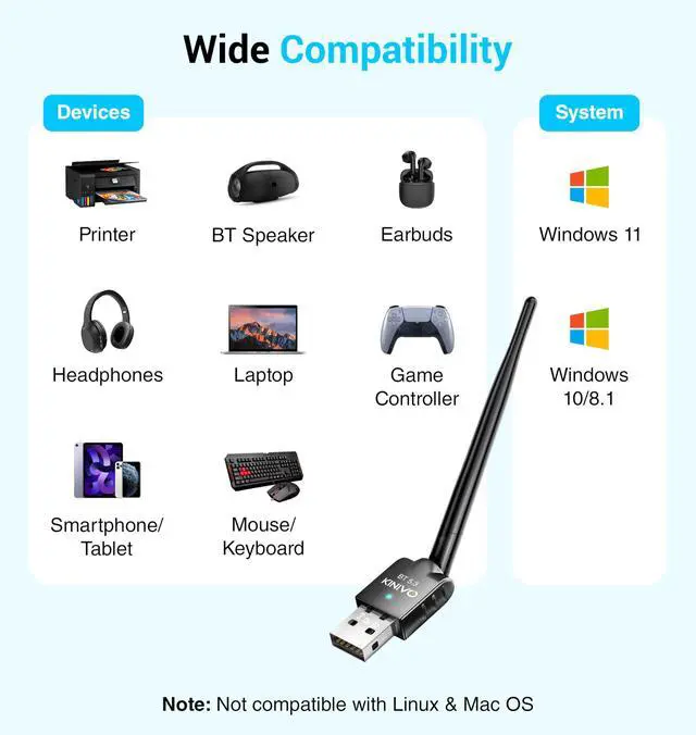 Alt view image 3 of 7 - Kinivo USB Bluetooth Adapter for PC (BT 5.3, Long Range Wireless Receiver, USB Dongle for Windows 11/10/8.1) - Compatible with Laptops, Headsets, Speaker, Mouse, Keyboard, Printers