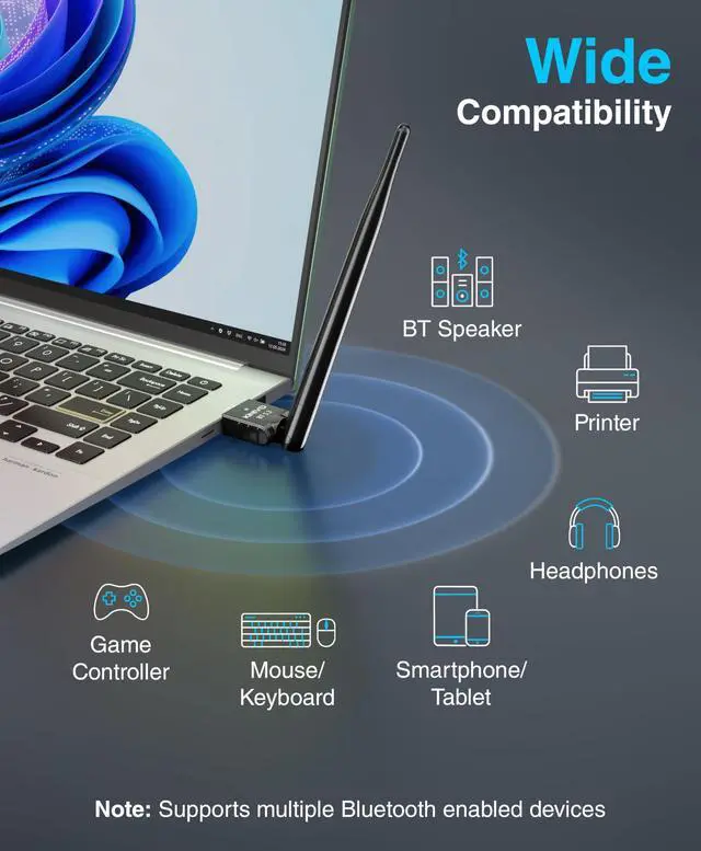 Alt view image 4 of 7 - Kinivo USB Bluetooth Adapter for PC (BT 5.3, Long Range Wireless Receiver, USB Dongle for Windows 11/10/8.1) - Compatible with Laptops, Headsets, Speaker, Mouse, Keyboard, Printers