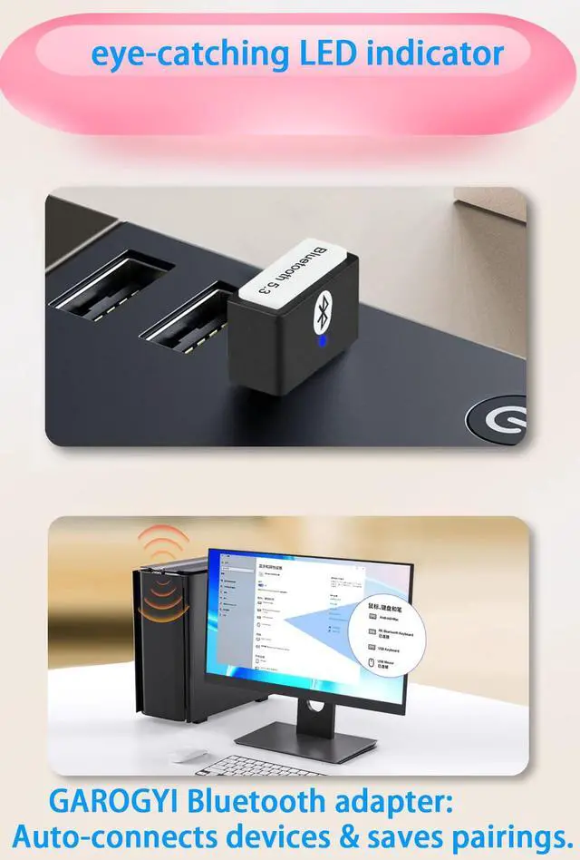 Alt view image 3 of 7 - GAROGYI USB Bluetooth 5.3 Adapter for PC Supports Windows 11/10/8.1/7,Plug &Play For Win11/10, Mini 5.3+EDR Bluetooth Dongle Receiver&Transmitter for PC,Laptop,Keyboard,Mouse,Headsets,Speakers (Black)