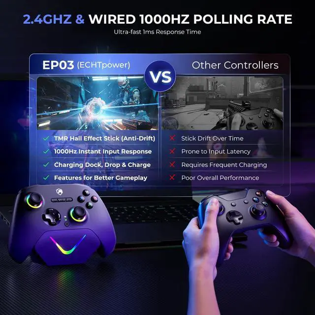 Alt view image 3 of 7 - Upgrated PC Gaming Controller TMR Hall Effect Joysticks Anti-Drift & Dual Triggers, 1000Hz Polling Rate, Turbo & Vibration, Programmable Buttons for PC/Switch/Switch 2/iOS/Android with Charging Dock