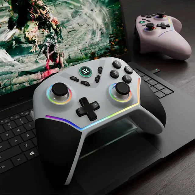 Alt view image 7 of 7 - Wireless PC Controller with Hall Effect Joysticks & Triggers, 1000Hz Polling Rate, Trigger Locks, Bluetooth Pro Gaming Controller for PC/Steam/Luna/Tesla - 4 Macros and Turbo, Dynamic RGB, Silver