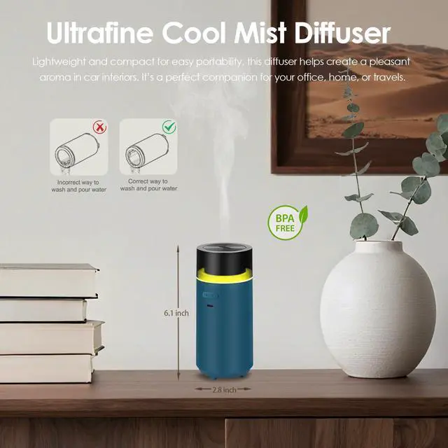 Alt view image 4 of 7 - HODEMI Portable Smart Essential Oil Diffuser,Cold Mist Car Air Freshener Aromatherapy Diffuser with 10 LED Lights,Built-in Battery,Auto On/Off,4/8 Timer Modes,for Home Office and Travel (Blue)