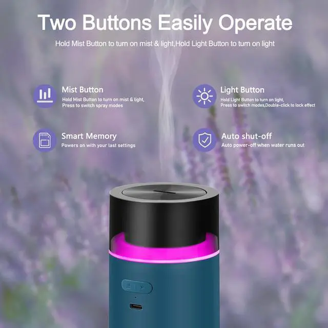 Alt view image 6 of 7 - HODEMI Portable Smart Essential Oil Diffuser,Cold Mist Car Air Freshener Aromatherapy Diffuser with 10 LED Lights,Built-in Battery,Auto On/Off,4/8 Timer Modes,for Home Office and Travel (Blue)