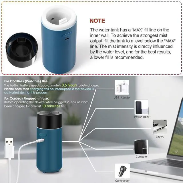 Alt view image 7 of 7 - HODEMI Portable Smart Essential Oil Diffuser,Cold Mist Car Air Freshener Aromatherapy Diffuser with 10 LED Lights,Built-in Battery,Auto On/Off,4/8 Timer Modes,for Home Office and Travel (Blue)