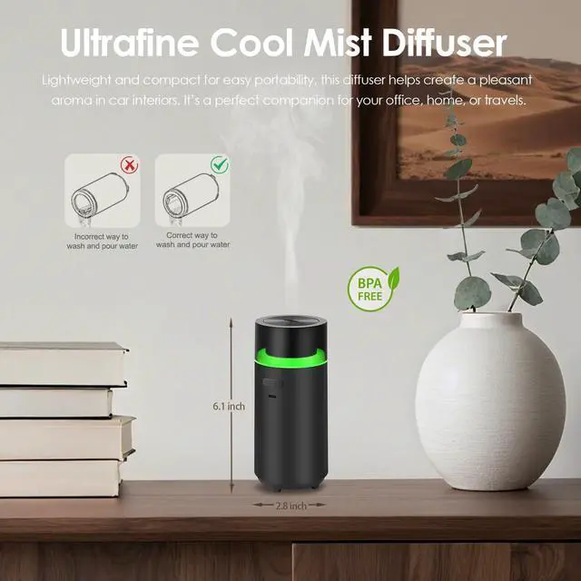 Alt view image 4 of 7 - HODEMI Portable Smart Car Essential Oil Diffuser,Cordless Mini Cold Mist Aromatherapy Air Freshener Diffuser with Mode Memory,Auto On/Off,4/8 Timer Modes,for Bedroom Office and Travel (Black)