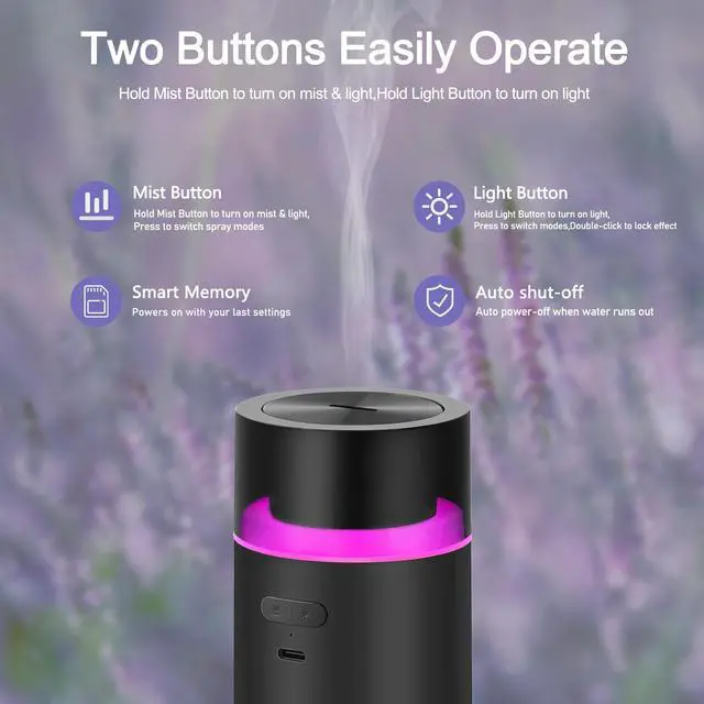 Alt view image 6 of 7 - HODEMI Portable Smart Car Essential Oil Diffuser,Cordless Mini Cold Mist Aromatherapy Air Freshener Diffuser with Mode Memory,Auto On/Off,4/8 Timer Modes,for Bedroom Office and Travel (Black)