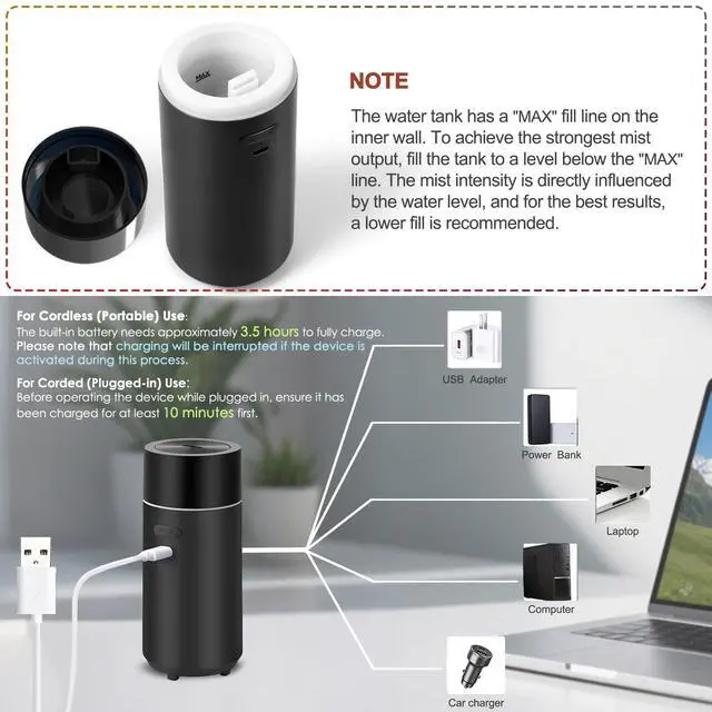 Alt view image 7 of 7 - HODEMI Portable Smart Car Essential Oil Diffuser,Cordless Mini Cold Mist Aromatherapy Air Freshener Diffuser with Mode Memory,Auto On/Off,4/8 Timer Modes,for Bedroom Office and Travel (Black)