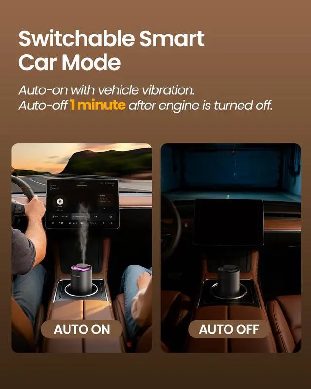 Alt view image 5 of 7 - Waterless Diffuser for Essential Oil, Smart Car Air Freshener Diffuser with 3 Mist Grades & 3 LED Light Colors, Auto On/Off, Rechargeable Scent Air Machine