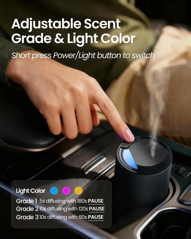 Alt view image 4 of 7 - Waterless Diffuser for Essential Oil, Smart Car Air Freshener Diffuser with 3 Mist Grades & 3 LED Light Colors, Auto On/Off, Rechargeable Scent Air Machine