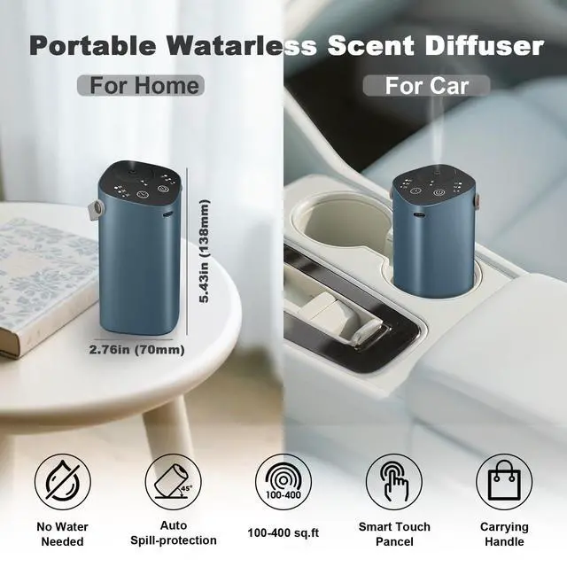 Alt view image 2 of 7 - Waterless Essential Oil Diffuser for Car & Home, Aromatherapy Diffuser with 4 Timer (1/3/6/Off), 3 Mist Mode, Battery Operated, Air Scent Diffuser for Bathroom Office, Small Aroma Diffuser Greyblue