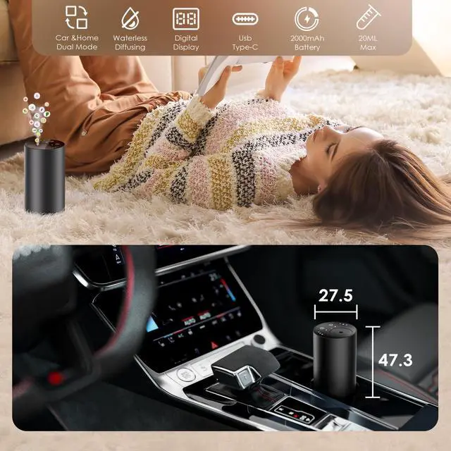 Alt view image 5 of 7 - Waterless Essential Oil Diffuser, Portable Aromatherapy Diffuser, Mini Scent Machine, Battery Operated, 1/4/8-Hour Timer, 20ml Capacity, 3 Mist Levels for Home, Car, Room Office,No included oil(Black)