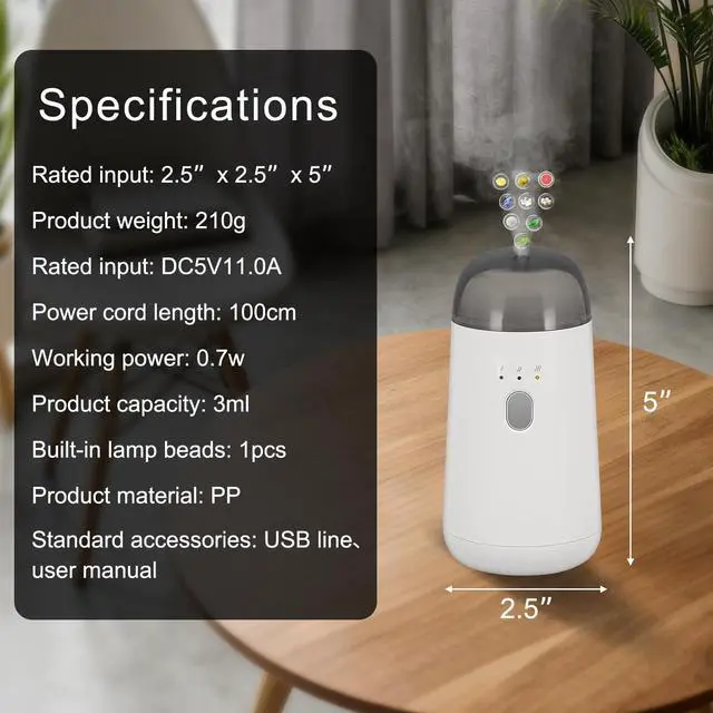 Alt view image 3 of 7 - Waterless Diffuser for Essential Oil, Battery Operated Nebulizer, Portable Mini Scent Air Machine, Rechargeable Aromatherapy diffusers with 7color LED Light for Car, Home, Room, Office White
