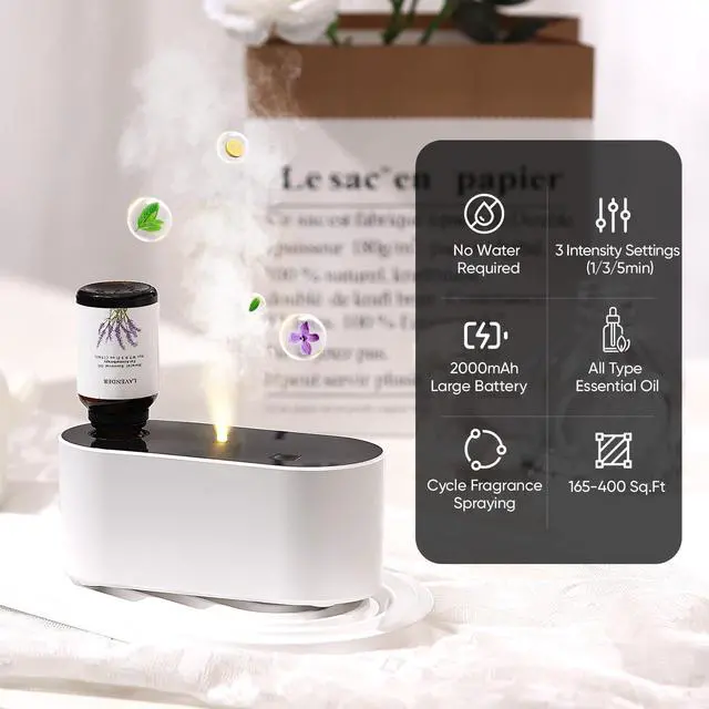 Alt view image 2 of 7 - Lecdura Waterless Diffuser for Essential Oil, Battery Operated Scent Air Aromatherapy Diffuser, Mini Aroma Diffusers with 3 Intermittent Mist Modes, Cycle Start for 400-700 sq.ft Home Office Bedroom.
