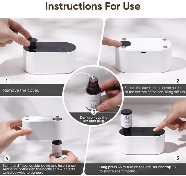 Alt view image 7 of 7 - Lecdura Waterless Diffuser for Essential Oil, Battery Operated Scent Air Aromatherapy Diffuser, Mini Aroma Diffusers with 3 Intermittent Mist Modes, Cycle Start for 400-700 sq.ft Home Office Bedroom.