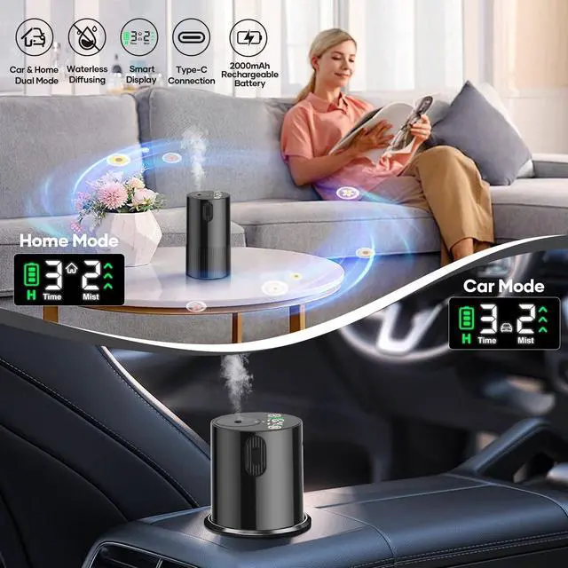 Alt view image 2 of 6 - Waterless Diffuser for Essential Oil, Aromatherapy Diffusers for Home Nebulizer Air Freshener Diffuser Mini Scent Machine Battery Operated 4 Mist Level 1/2/3/4/6H Timers Auto-off for Car Bedroom Hotel