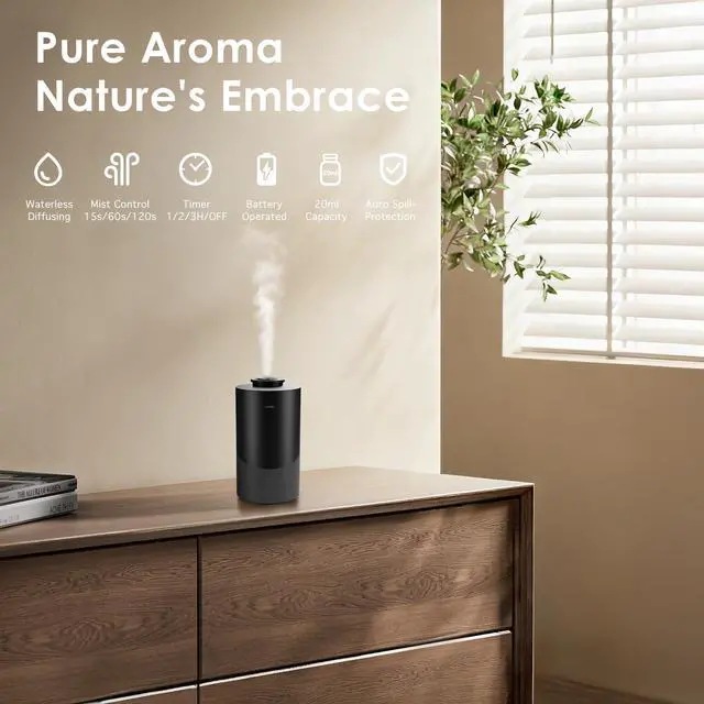 Alt view image 2 of 7 - Waterless Essential Oil Diffuser for Home (Aluminum Alloy & Fabric) - Cordless Car Scent diffuser with 3 Timer & 3 Mist Levels - 2000mAh Battery Operated Scent Air Machine for Room Office Hotel, Black