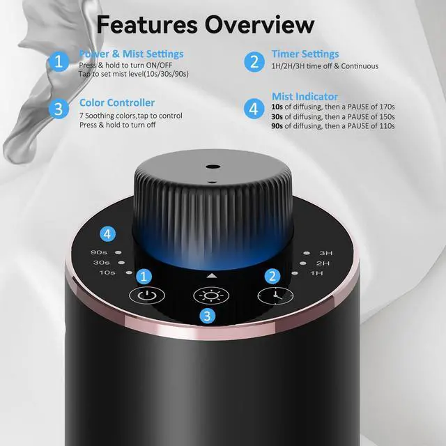 Alt view image 3 of 7 - Waterless Essential Oil Diffuser Aromatherapy Scent Diffusers for Home Large Room, Bedroom, Car, Office, Desk, Battery Operated Mini Portable Air Freshener, 3 Countdown Timers & 3 Mist Levels