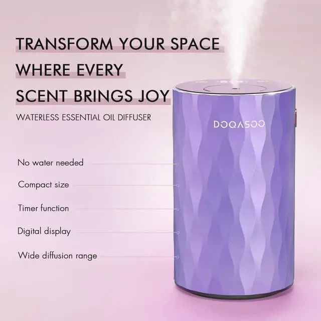 Alt view image 2 of 7 - DOQASOO Waterless Essential Oil Diffuser - Aluminum Metal Texture, 96H Quiet Battery Nebulizer, Portable Scent Aromatherapy Diffuser with Timer & 4 Mist Levels, 20mL, Type-C for Home/Room/Car/Office