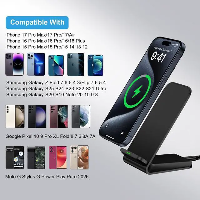 Alt view image 7 of 7 - Samsung Galaxy S25 Ultra Wireless Charger Stand for Galaxy S26 S25 Edge S24 S23 S22 S21 S20 S10,15W 2Pack Phone Charger Wireless Android Charging Station for Google Pixel 10 9 8 7 Pro,iPhone 17 16 15