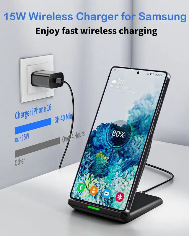 Alt view image 3 of 7 - Fast Wireless Charger for Samsung, 15W Wireless Charging Stand Desk Phone Charger Stand with PD 20W USB C Plug Adapter for Samsung Galaxy S24 Ultra S24+ S23 S22 S21 S20, Pixel 8 7 Pro, iPhone 17 16 15