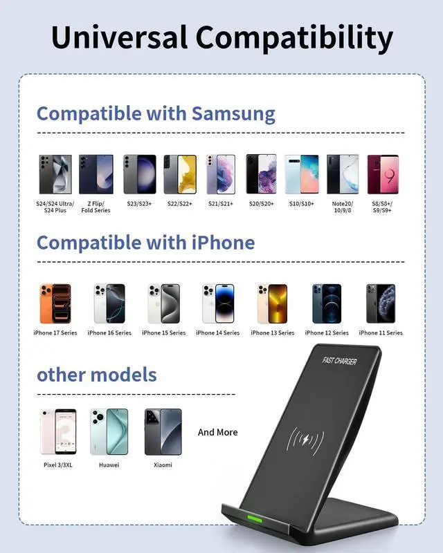 Alt view image 5 of 7 - Fast Wireless Charger for Samsung, 15W Wireless Charging Stand Desk Phone Charger Stand with PD 20W USB C Plug Adapter for Samsung Galaxy S24 Ultra S24+ S23 S22 S21 S20, Pixel 8 7 Pro, iPhone 17 16 15