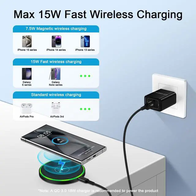 Alt view image 3 of 7 - Fast Wireless Charging Pad Samsung S25FE S25 Ultra S24 Charger Stand Wireless Android Phone Charger 15W for Samsung Galaxy S24 S25 Plus S23 Ultra S23FE S22,Pixel 10 Pro,iPhone 17 16, with 18W Adapter