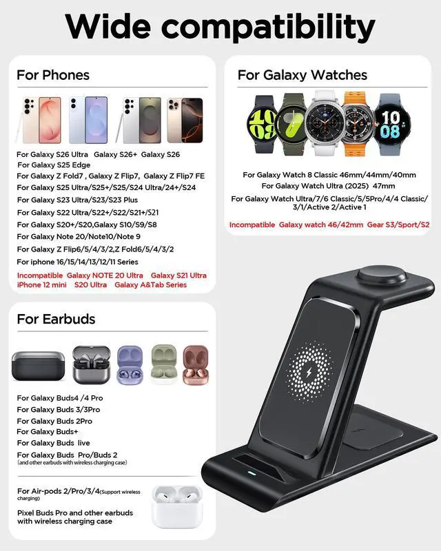 Alt view image 2 of 7 - Wireless Charging Station for Samsung Wireless Charger Galaxy S26 Ultra/S25/S24/S23/S22/Note20 Z Fold Flip7 Galaxy Watch 8/7/6/5/4/3 Active 2/1 Stand Galaxy Buds4/4 Pro/3/2 Pro/Live Multiple Devices