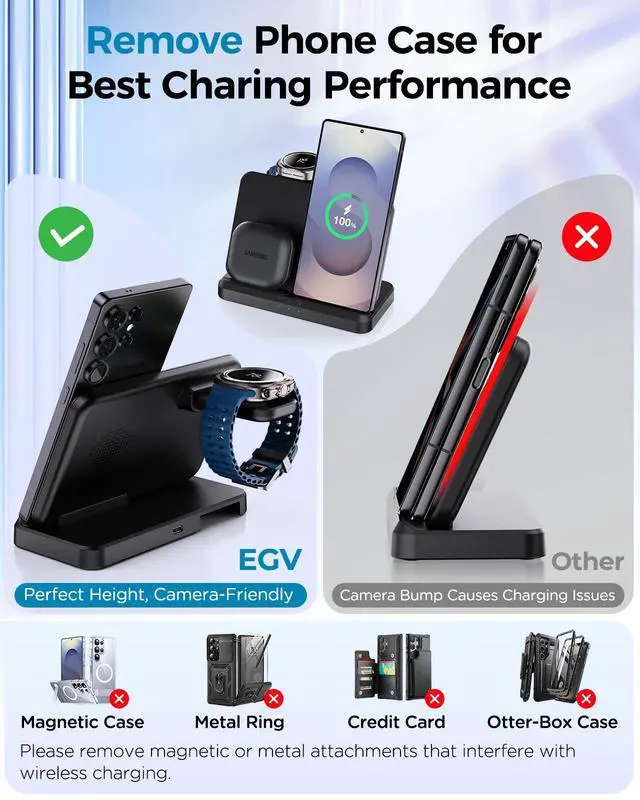 Alt view image 3 of 7 - EGV Wireless Charger for Samsung 3 in 1 Wireless Charging Station for Galaxy S26 Ultra S25 S24, Z Fold Flip 7/6, Detachable Watch Charger for Galaxy Ultra 8/7/6, Foldable, Fast Charging, No Adapter