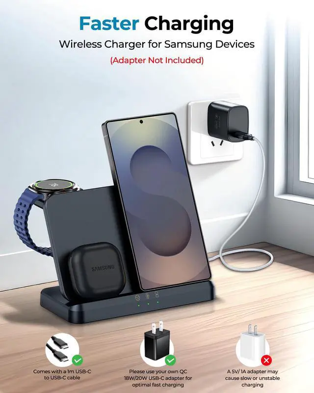 Alt view image 6 of 7 - EGV Wireless Charger for Samsung 3 in 1 Wireless Charging Station for Galaxy S26 Ultra S25 S24, Z Fold Flip 7/6, Detachable Watch Charger for Galaxy Ultra 8/7/6, Foldable, Fast Charging, No Adapter