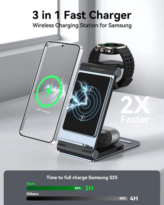 Alt view image 2 of 7 - Wireless Charger for Samsung 3 in 1 Wireless Charging Station Foldable Wireless Charger Stand for Samsung S25 Ultra S24 S23 S22 Z Flip Z Fold 7 6 5 4 3 for Galaxy Watch 8/7/6/5/4/ Galaxy Buds