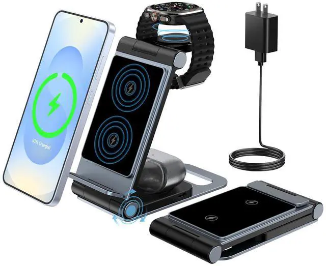 Main image of Wireless Charger for Samsung 3 in 1 Wireless Charging Station Foldable Wireless Charger Stand for Samsung S25 Ultra S24 S23 S22 Z Flip Z Fold 7 6 5 4 3 for Galaxy Watch 8/7/6/5/4/ Galaxy Buds
