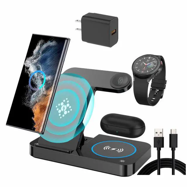 Main image of 3 in 1 Charging Station for Samsung Android: Wireless Phone and Watch Charger for Galaxy S25 Ultra/S24/S23/Z Fold, wireless charger stand for Galaxy Watch 9/8/7/6/5 Earbuds 3/2/Pro (Black)
